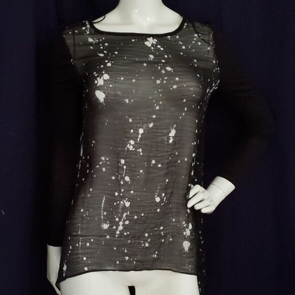 TWO by VINCE CAMUTO Womens XS black white long sleeve Sheer top - Picture 1 of 6